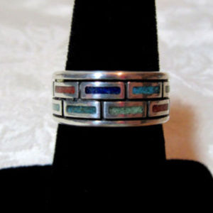 Sterling Silver Inlay Band Ring Signed WJ Size 6.5